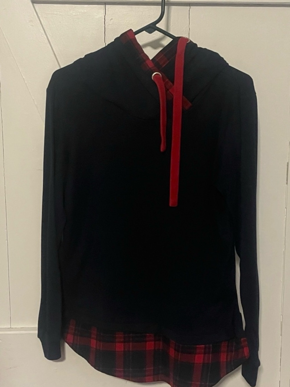 Women Navy Hoodie Sweater with Red Plaid Trim